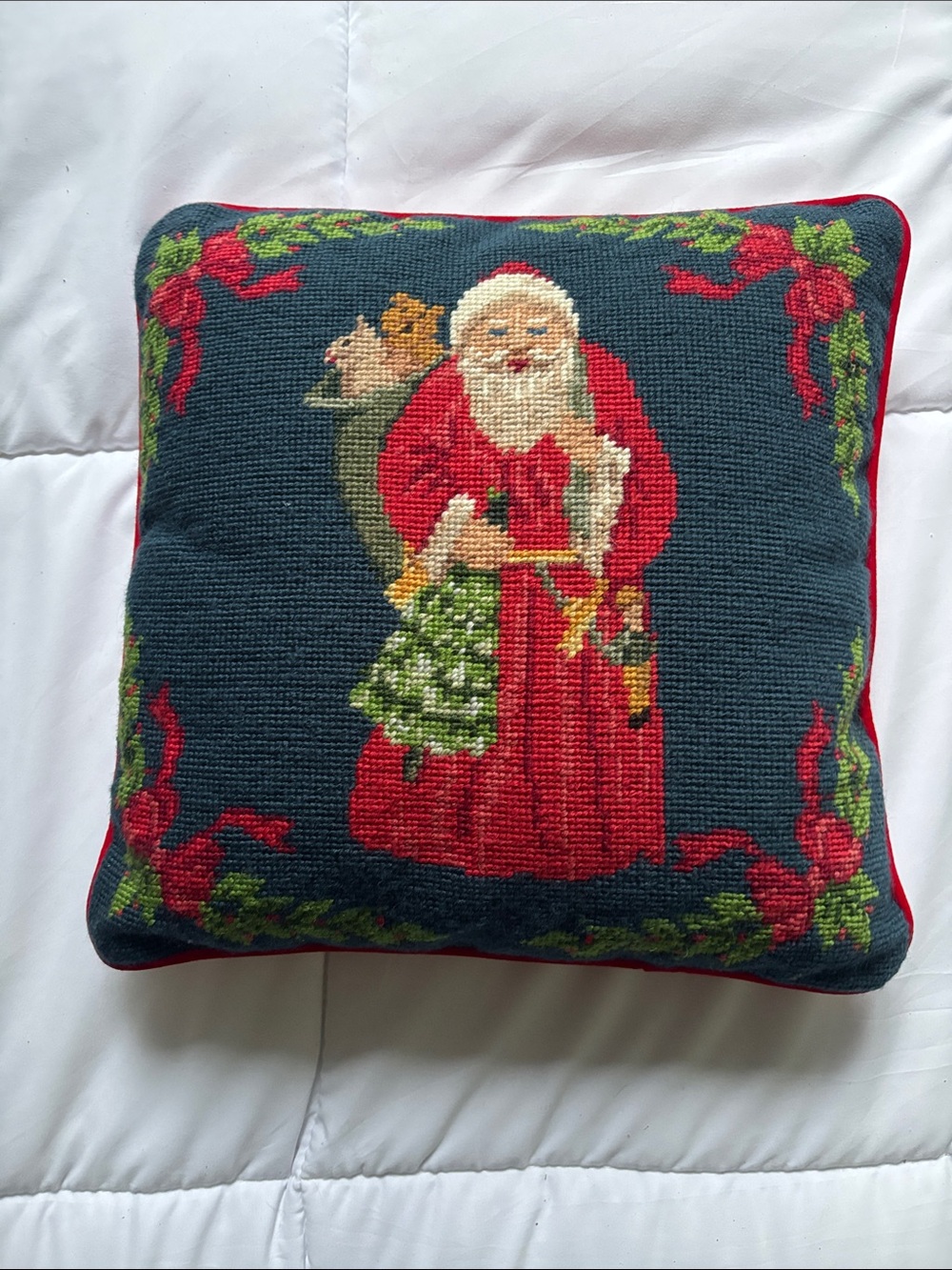 Vintage Christmas Needlepoint Tapestry Old World Santa Pillow 12x12